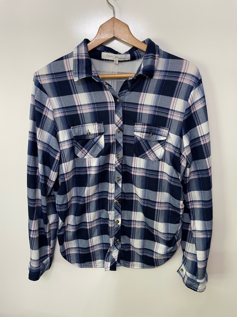 Eden & Olivia Maternity Soft Stretchy Blue Plaid Long Sleeve Shirt Womens L